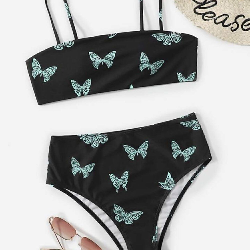 Romwe Navy Butterfly Bandeau High Waist Bikini Size Medium